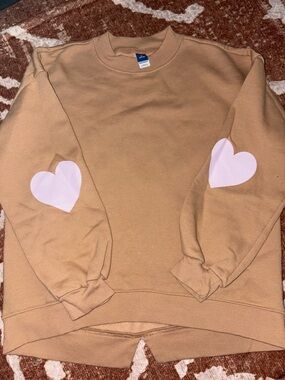 Old Navy Tan Sweatshirt with Pink Heart Elbow Patches